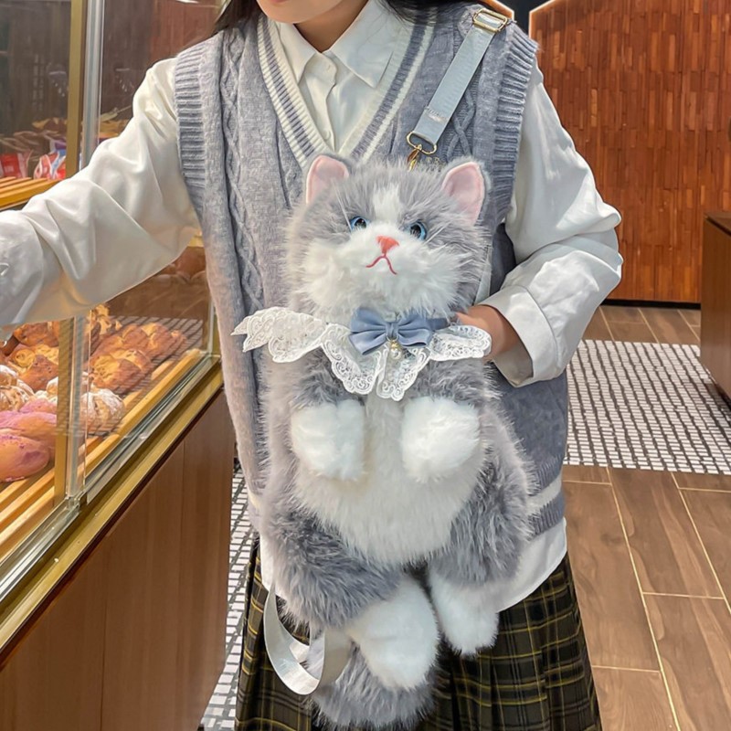 Women Bags Grey - Cute Cat Backpack for Girls Plush